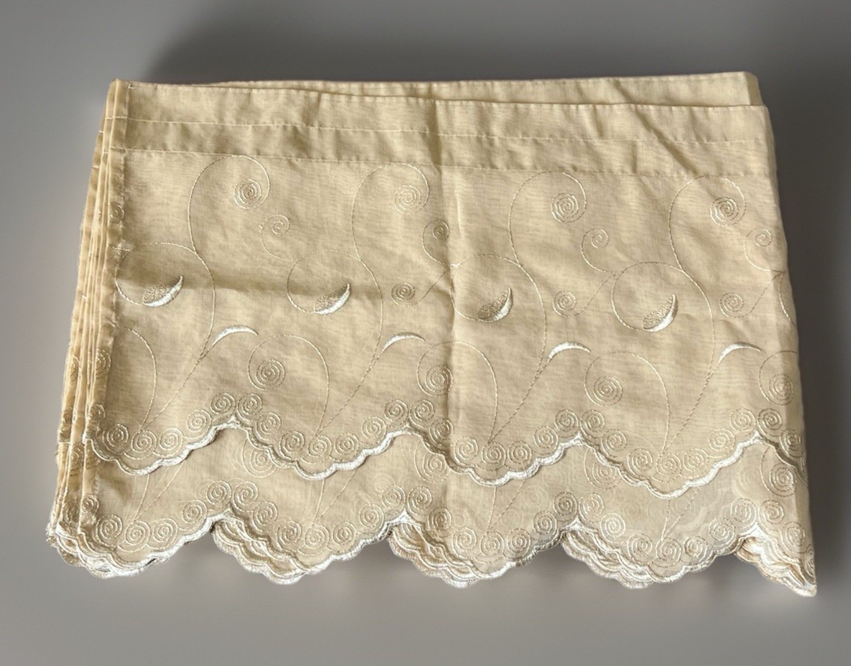 Home Decor Valance Tan Chiffon Embroidered Swirl Scalloped Tiered Curtain set 5