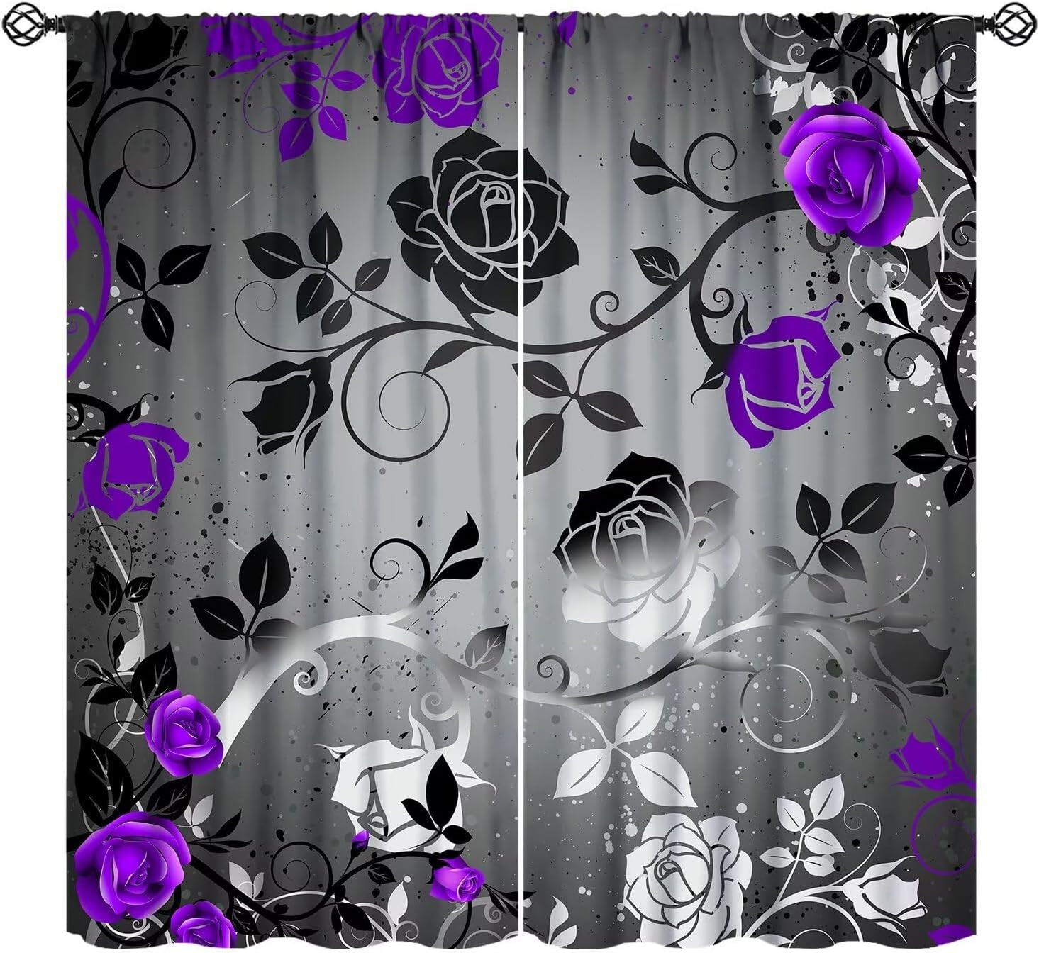 Abstract Grey Purple Rose Floral Curtains Romantic Modern Flower Black Leaves fo