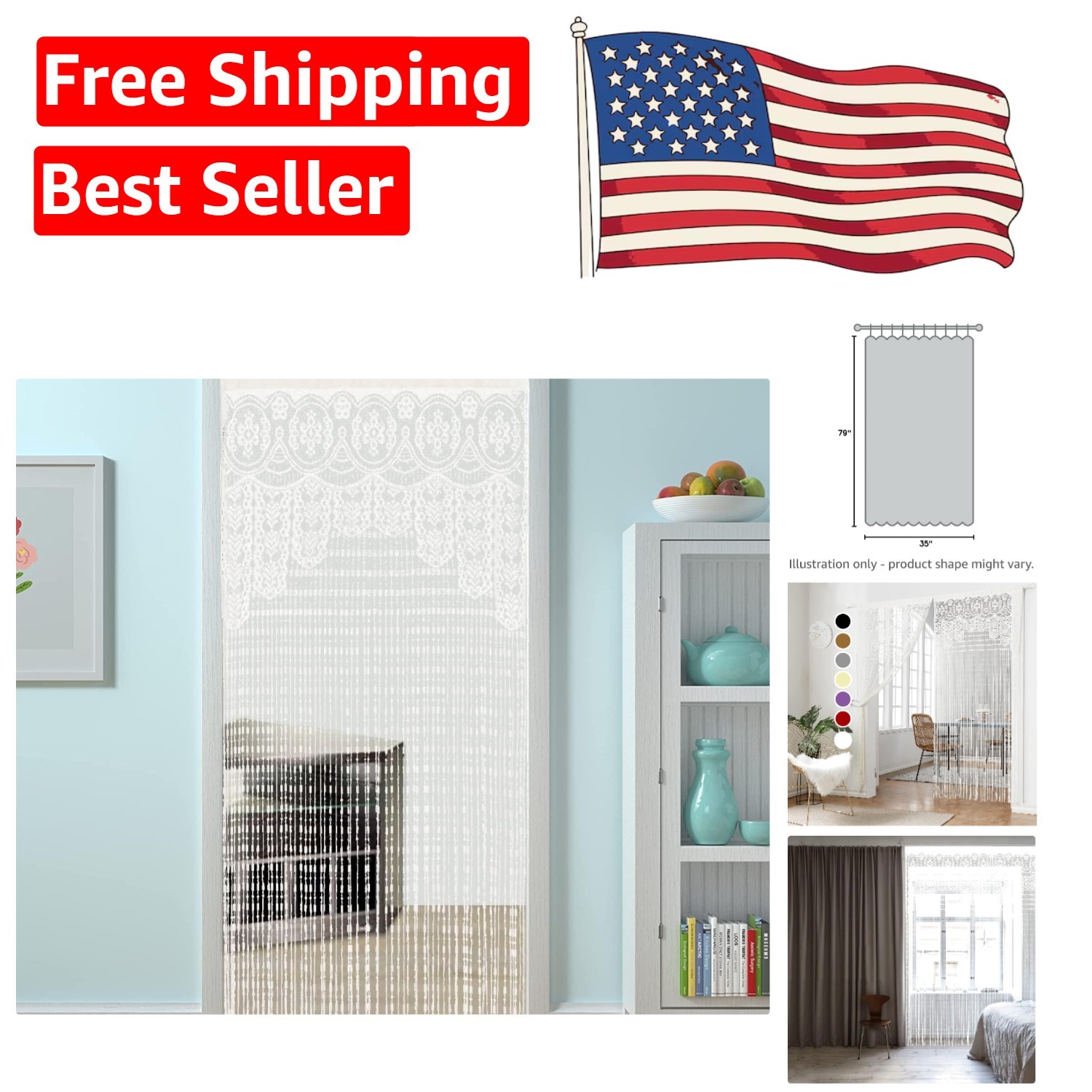 Customizable Boho String Curtain 35x79in – Semi-Sheer Room Divider in White