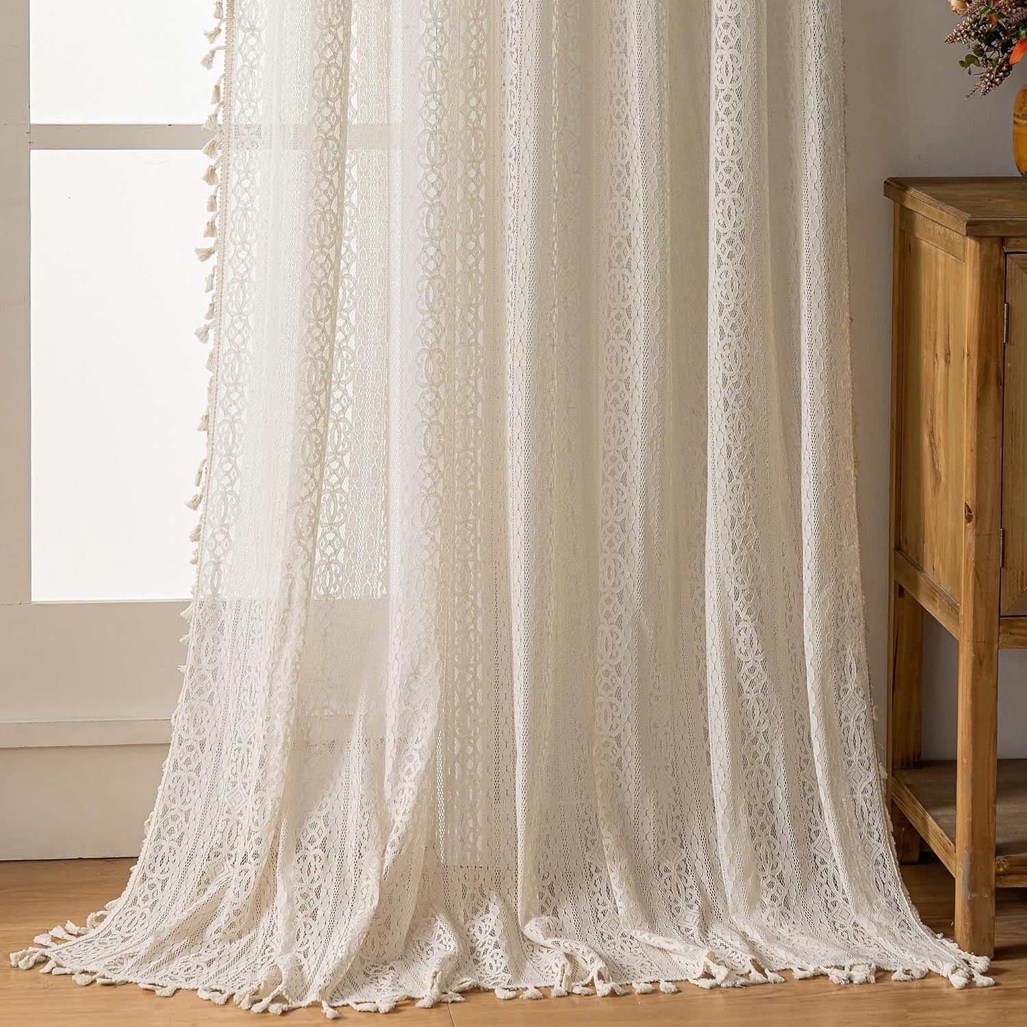 Luxurious 63-Inch Boho Lace Curtains with Tassels – Set of 2 for Elegant Living