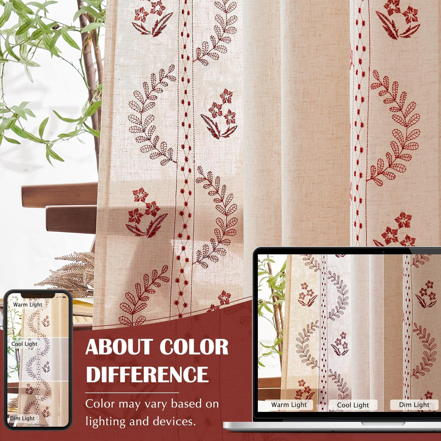 jinchan Belrose Linen Curtains for Bedroom Floral Curtains 63 Inch Length Linen