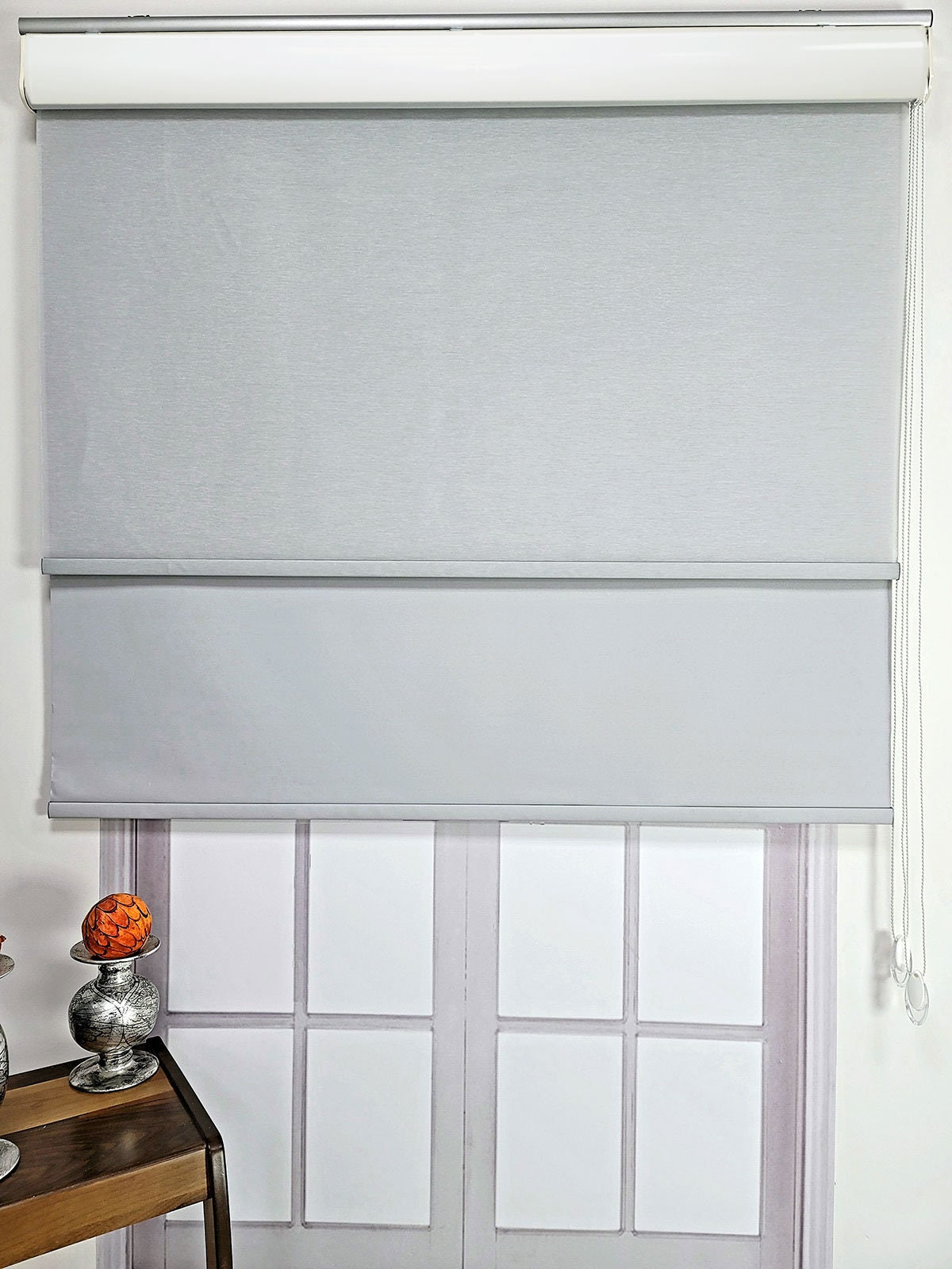 Plain Fabric Double Mechanism Tulle and Roller Blinds Curtain, Light filtering,