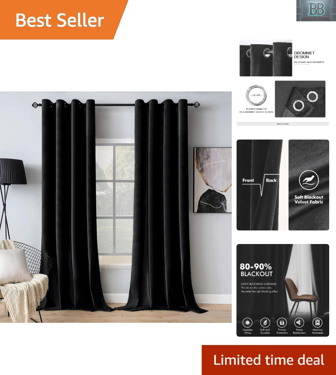 Luxurious 52″ x 84″ Velvet Black Drapes | Soundproof Room Darkening Pair