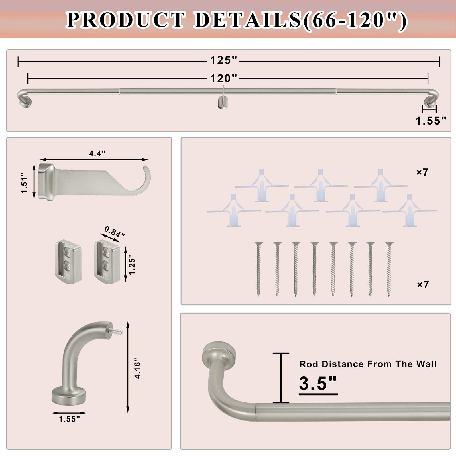 Lwiiom Brushed Nickel Curtain Rods Windows 66 120″,1 Inch Disc Wrap Around