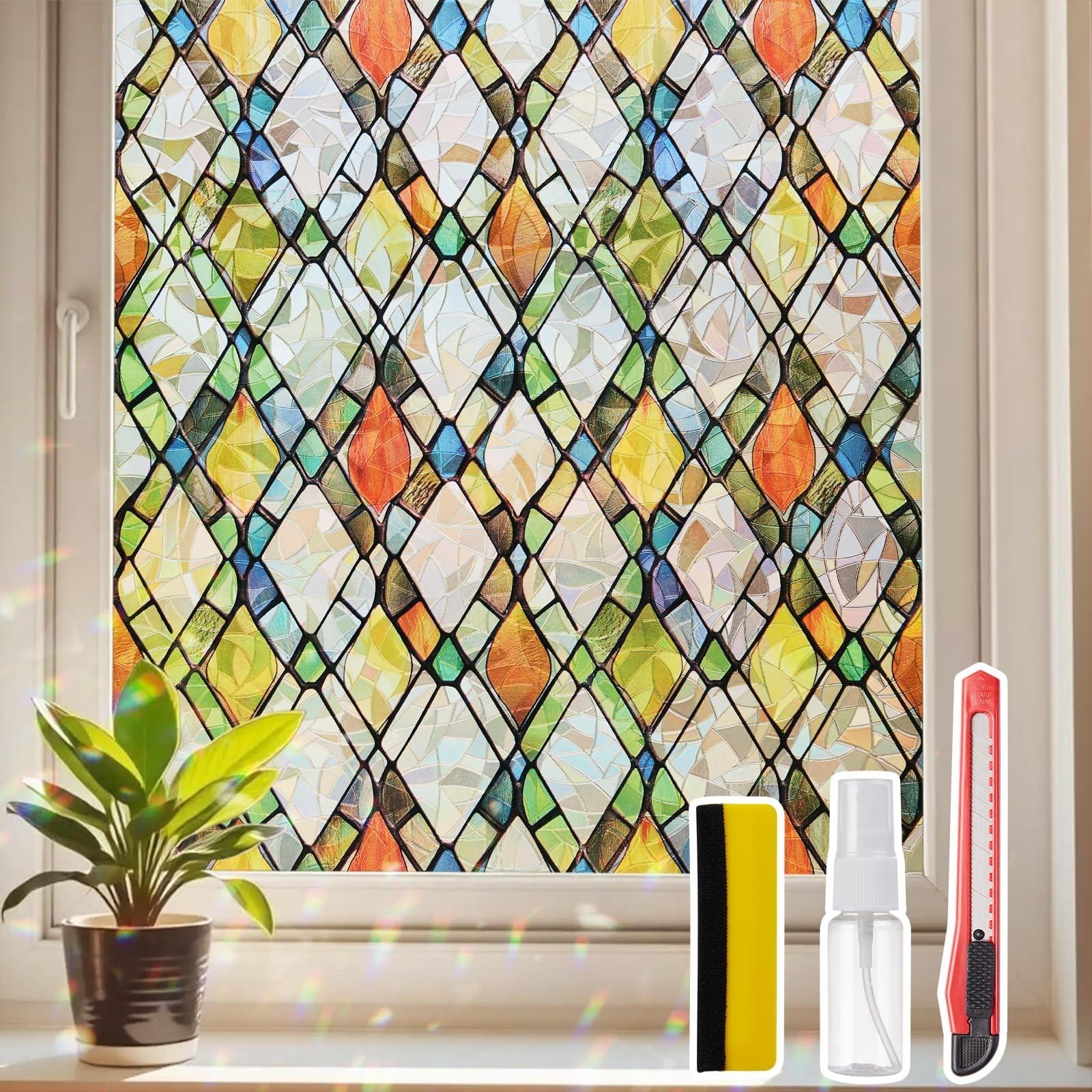 Window Privacy Film Stained Glass 17.5″ x 78.7″ Rainbow | Static cling – n