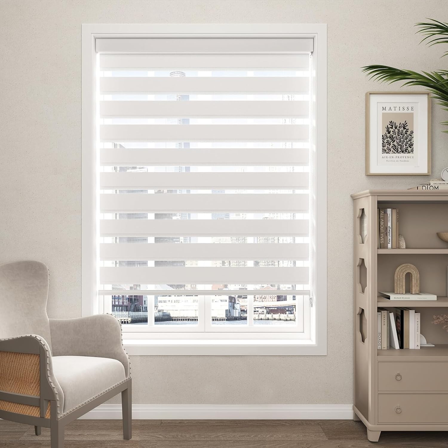 Sunmaintain Zebra Blinds for Windows (47″ W x 72″ H, White) Corded Dual Layer