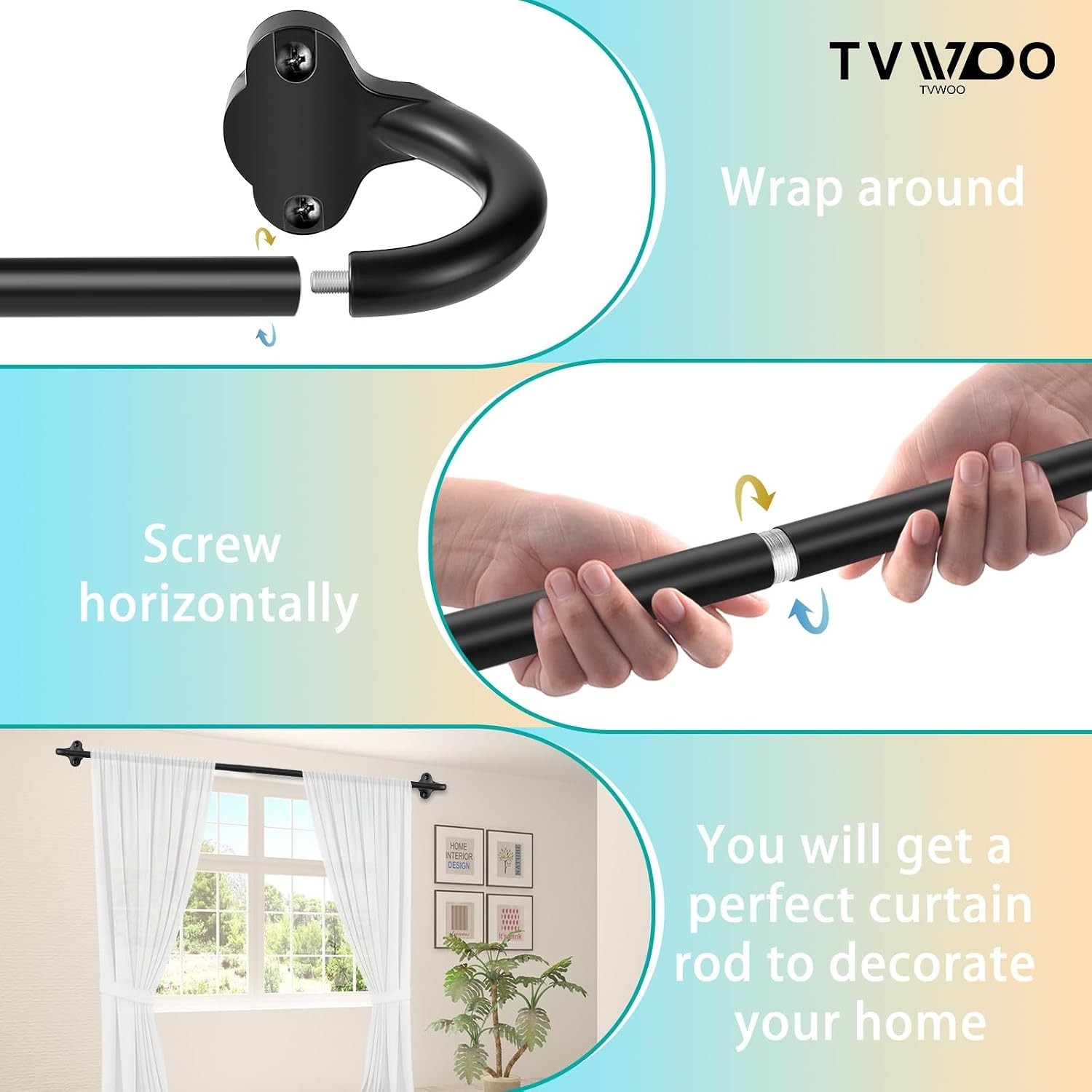 Matte Black Hidden Curved Curtain Rods, 28 to 48 Inch, Room Darkening Set