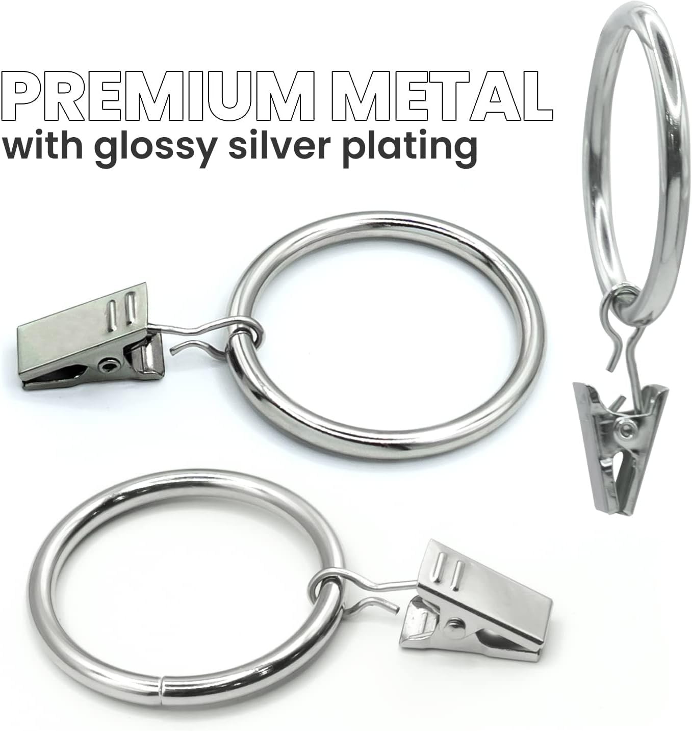 Silver Heavy Duty Curtain Rings With Clips Fits Rod Up To 1.25 In 40 PCS