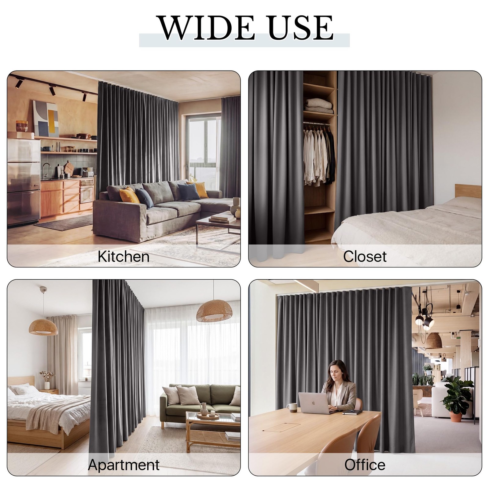 RYB HOME Blackout Curtain Straight Ceiling Track Privacy Divider Grey W60 x L84