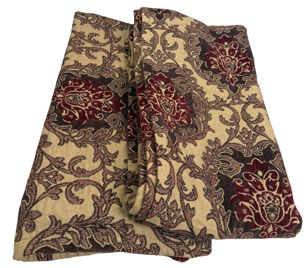 Tapestry Print Curtain Set 86″ L x42″ W Damask Red Tan Brown Rayon/Poly EUC