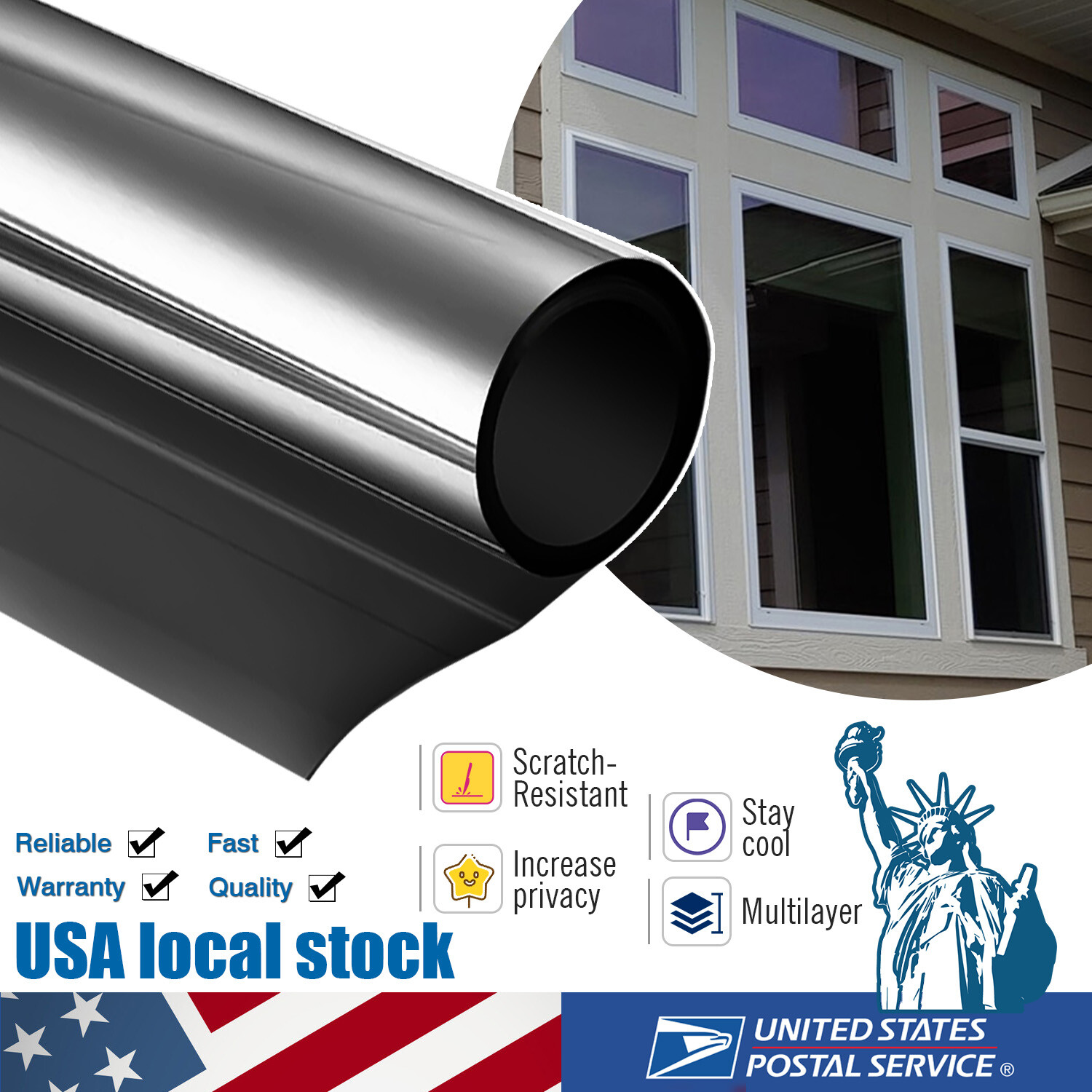 3.3 x3.3FT Uncut Roll Window Mirror Black Chrome Tint Film Car Home Office Glass