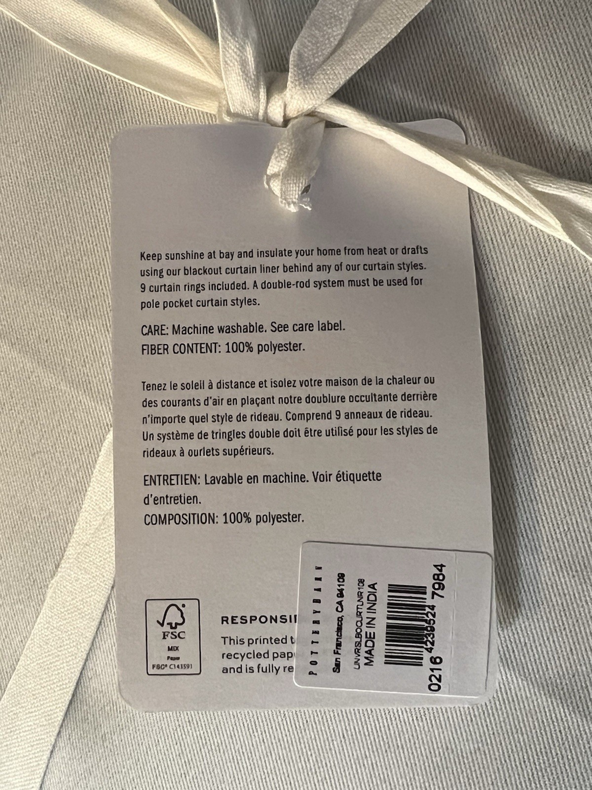 Pottery Barn Universal Blackout Curtain Liner 49.5×104” Off White_New_T#G