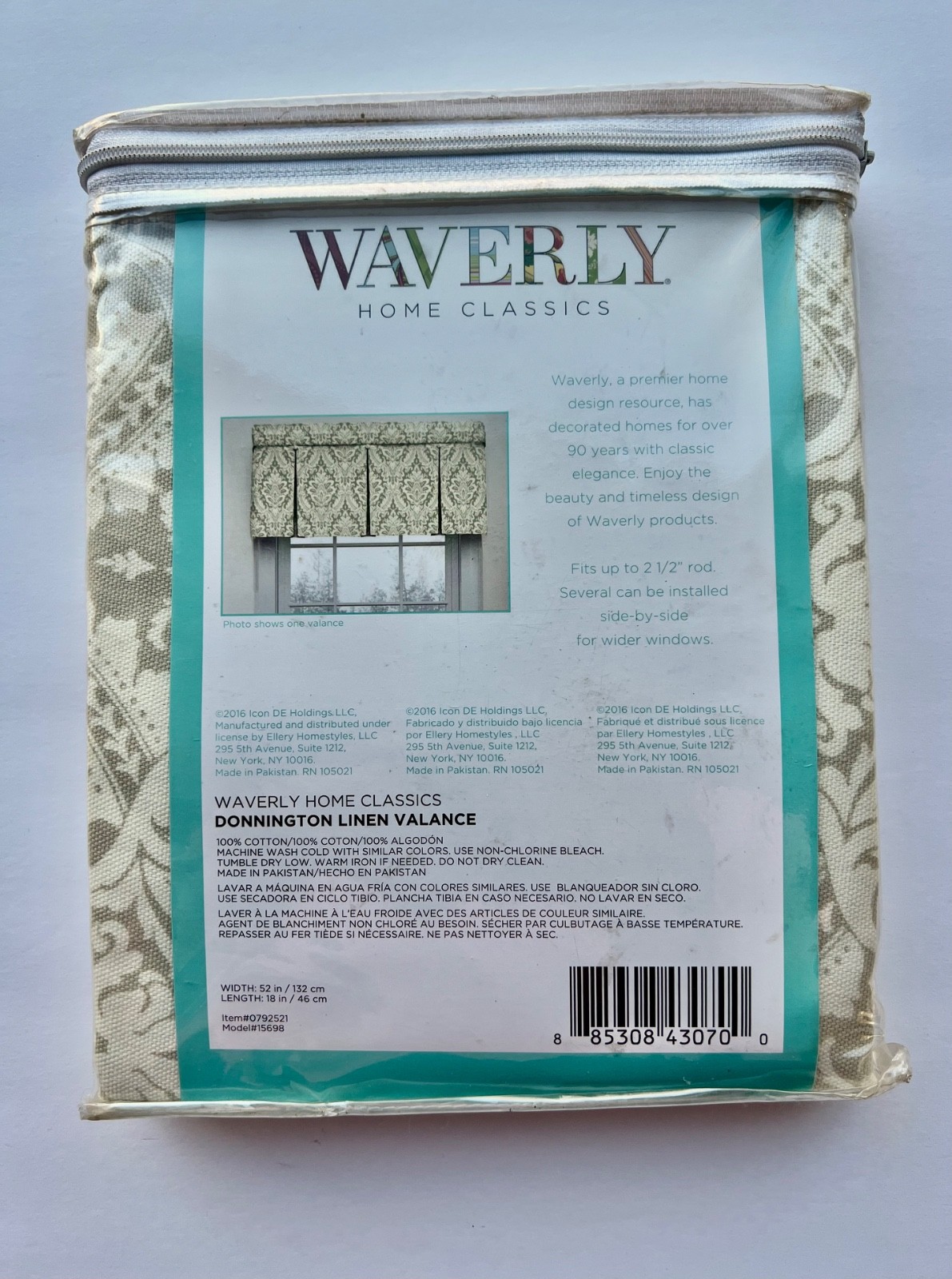WAVERLY DONNINGTON BOX PLEAT ROD POCKET VALANCE Linen 52″ X 18″ NWT