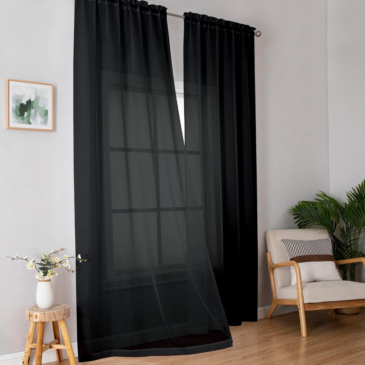 Simplebrand Black Sheer Curtains 84 Inches Long, Light Filtering Rod Pocket Soli