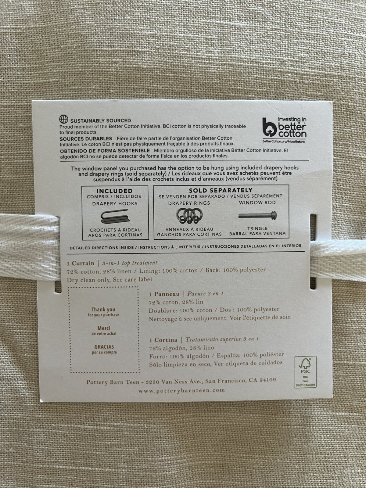 Pottery Barn Teen Evelyn 3in1 Top Treatment Blackout 1-Curtain 44″x90” Ivory