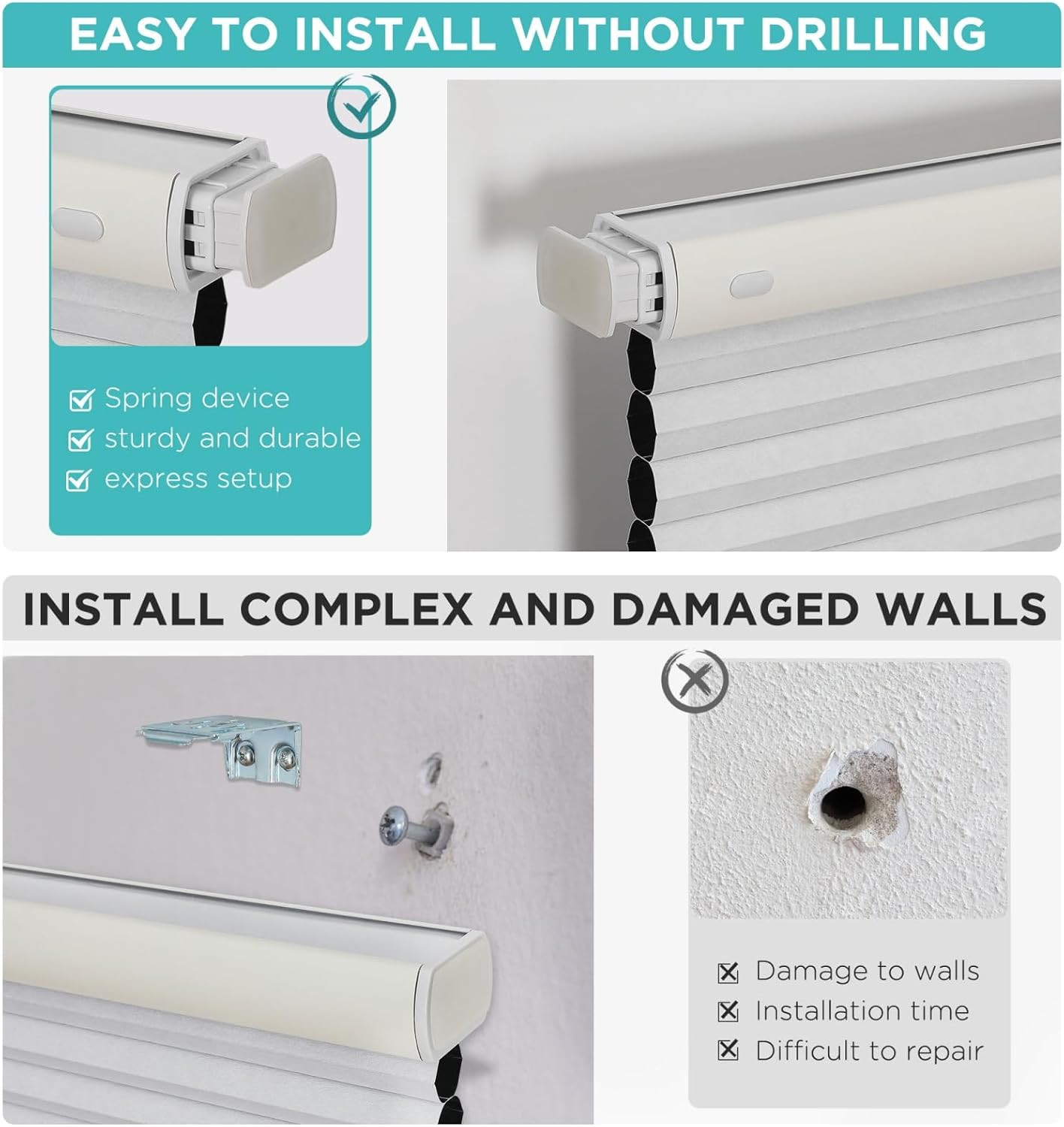 No Tools No Drill Window Blinds for Indoor Windows, Blackout Shades Cellular Sha