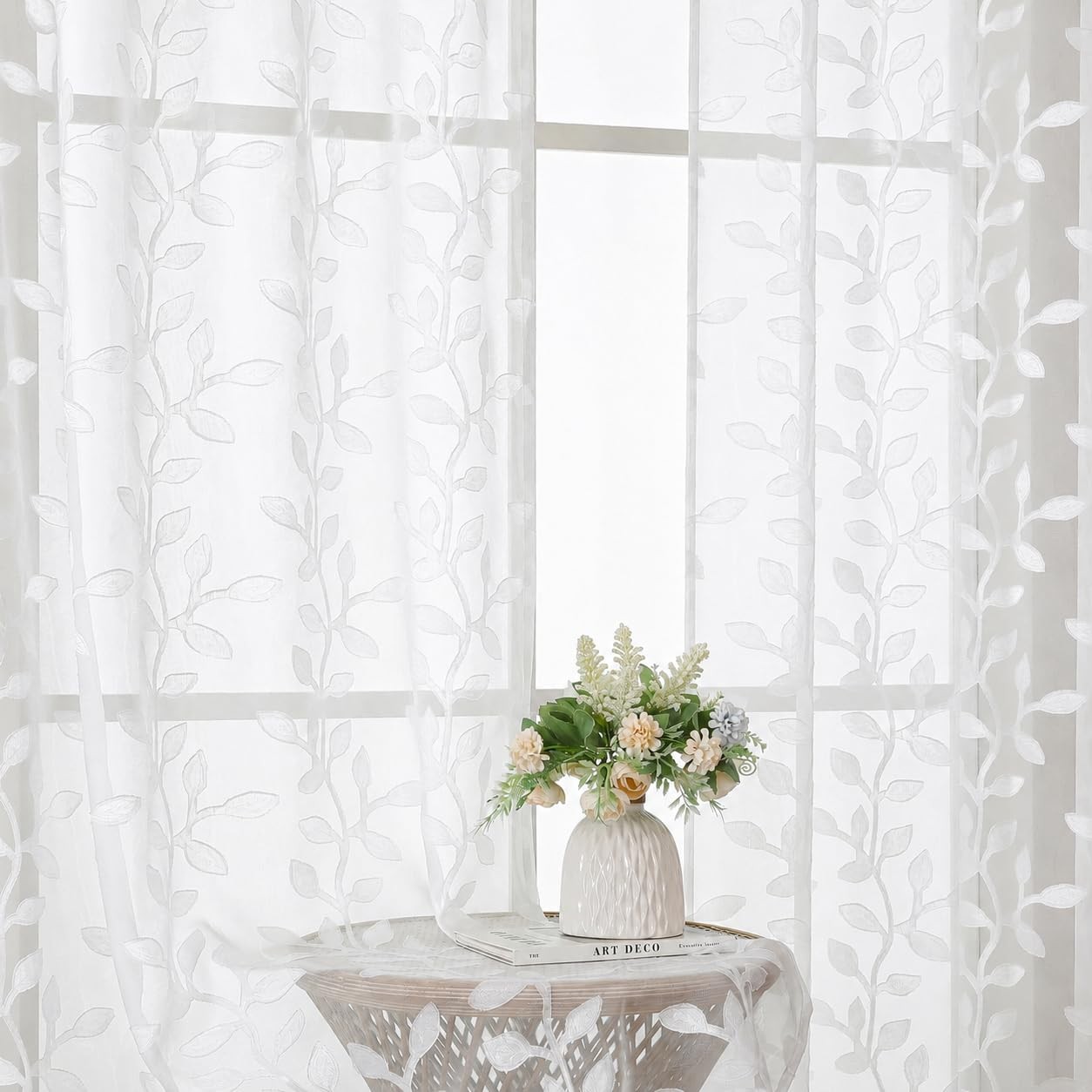Sheer Curtains 84 Inches Long for Bedroom, Jacquard Texture Leaf Pattern Light F