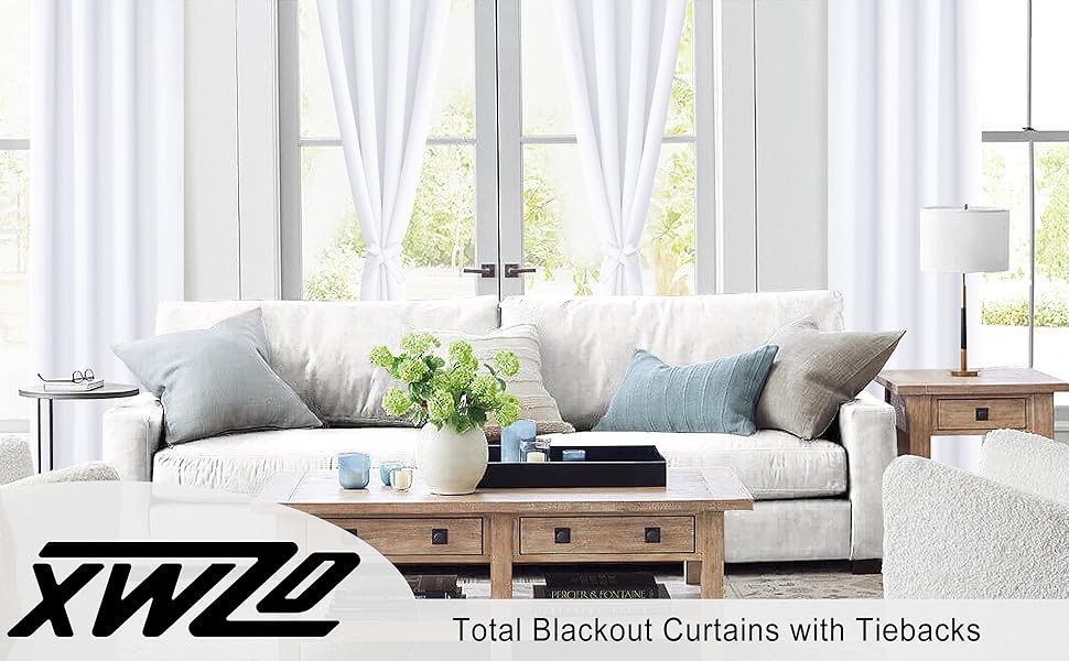 100% Blackout Curtains 2 Panels with Tiebacks- Heat and Full Light Blocking