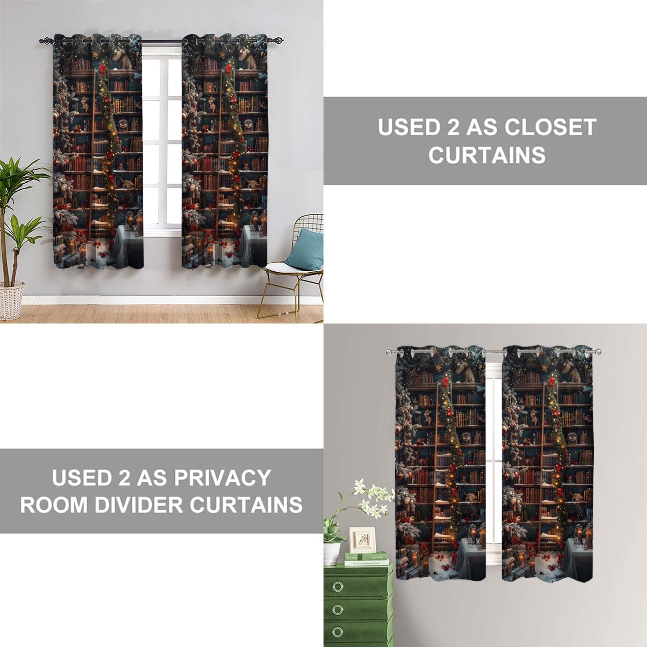 Christmas Bookshelf Door Curtain for Doorway, Fantasy Library Books Room Dark…