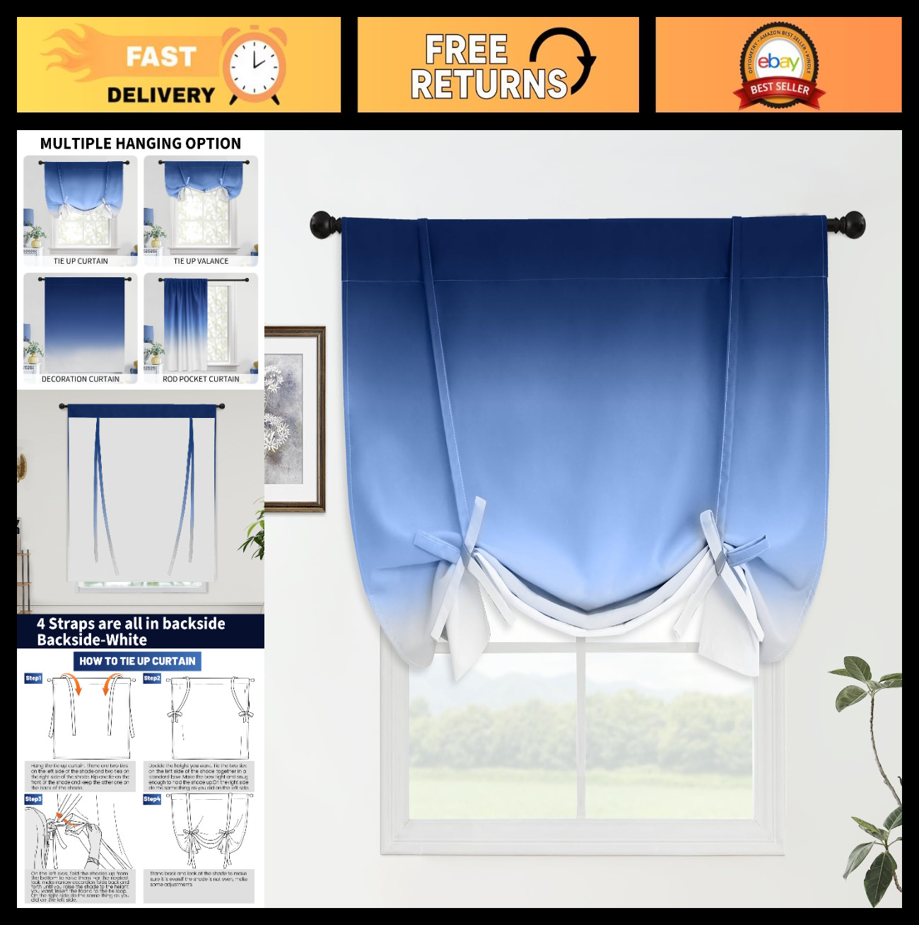 Ombre Room Darkening Tie Up Curtains – Gradient Blue to Grey, Thermal Insulated,