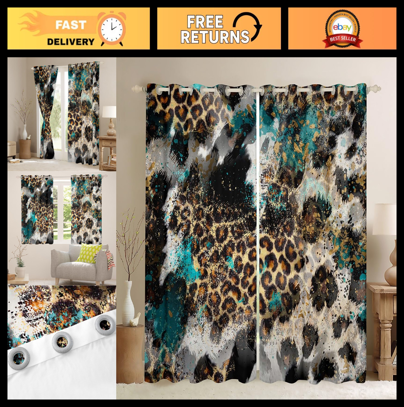 Leopard Print Blackout Curtains for Kids & Adults, Grommet Top 2 Panel Set, 42×6