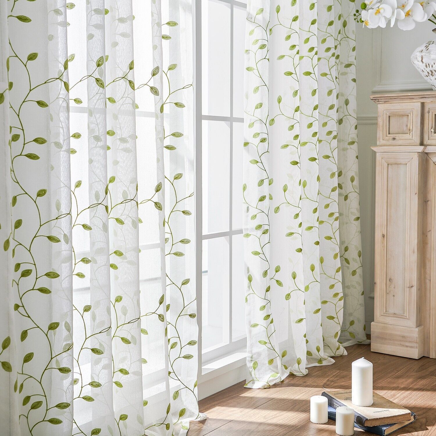 2 Panels Embroidered Leaves Semi Sheer Voile Window Curtains Drapes Living Room