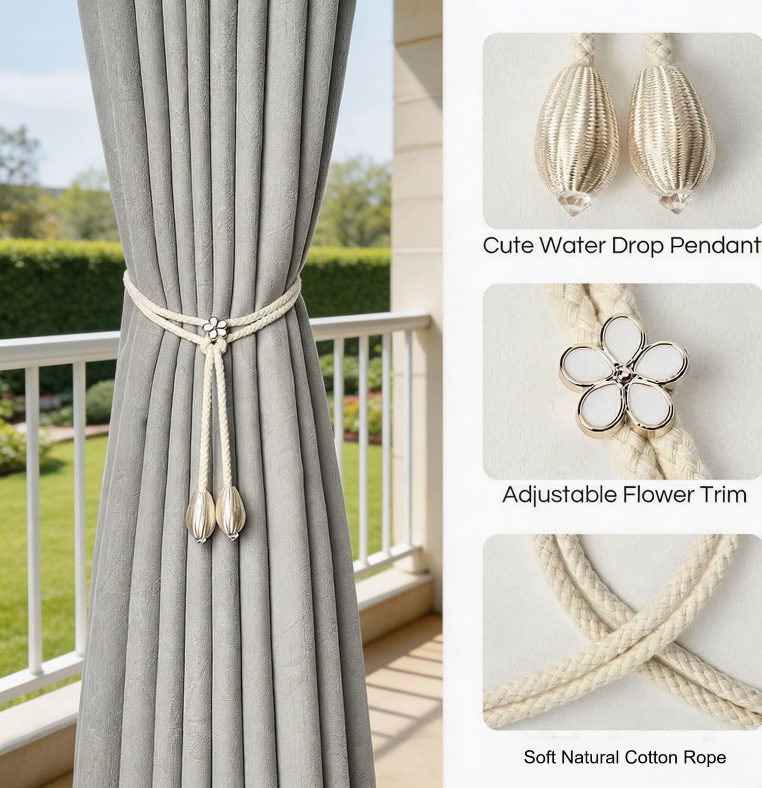 2 Pack White Cotton Curtain Tiebacks Handmade Farmhouse Curtain Holdbacks, Cu…