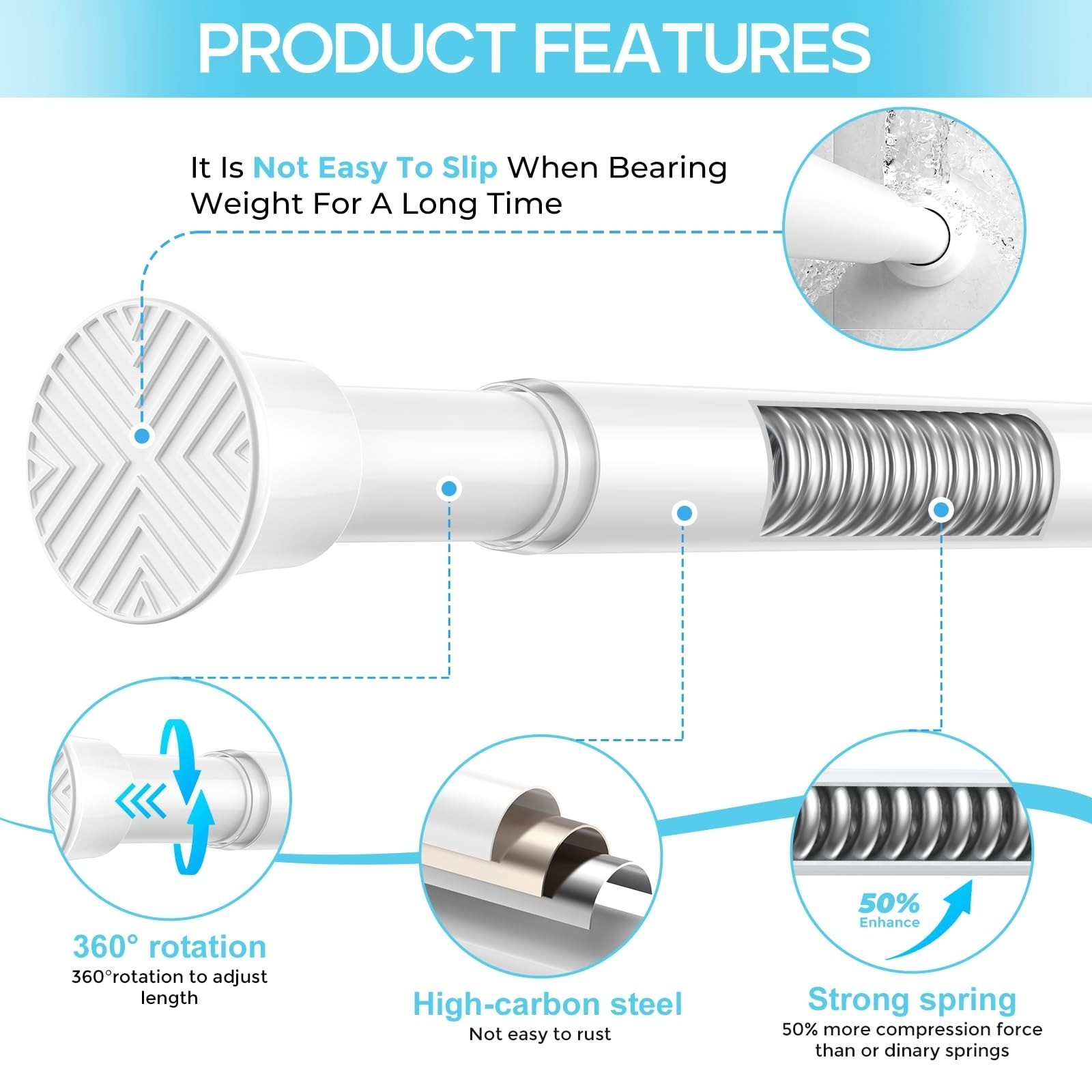 Spring Tension Curtain Rod 32-76 inch, Adjustable Expandable Tension Curtain Rod