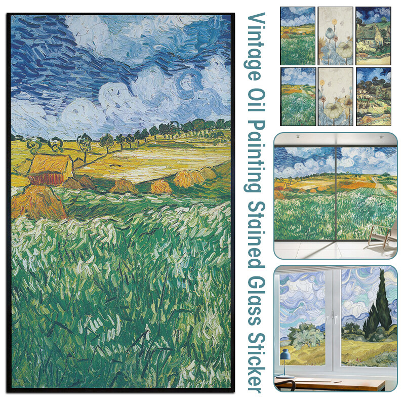 Village Retro Oil Painting Window Film Print Sticker Cling Stained Glass Decor