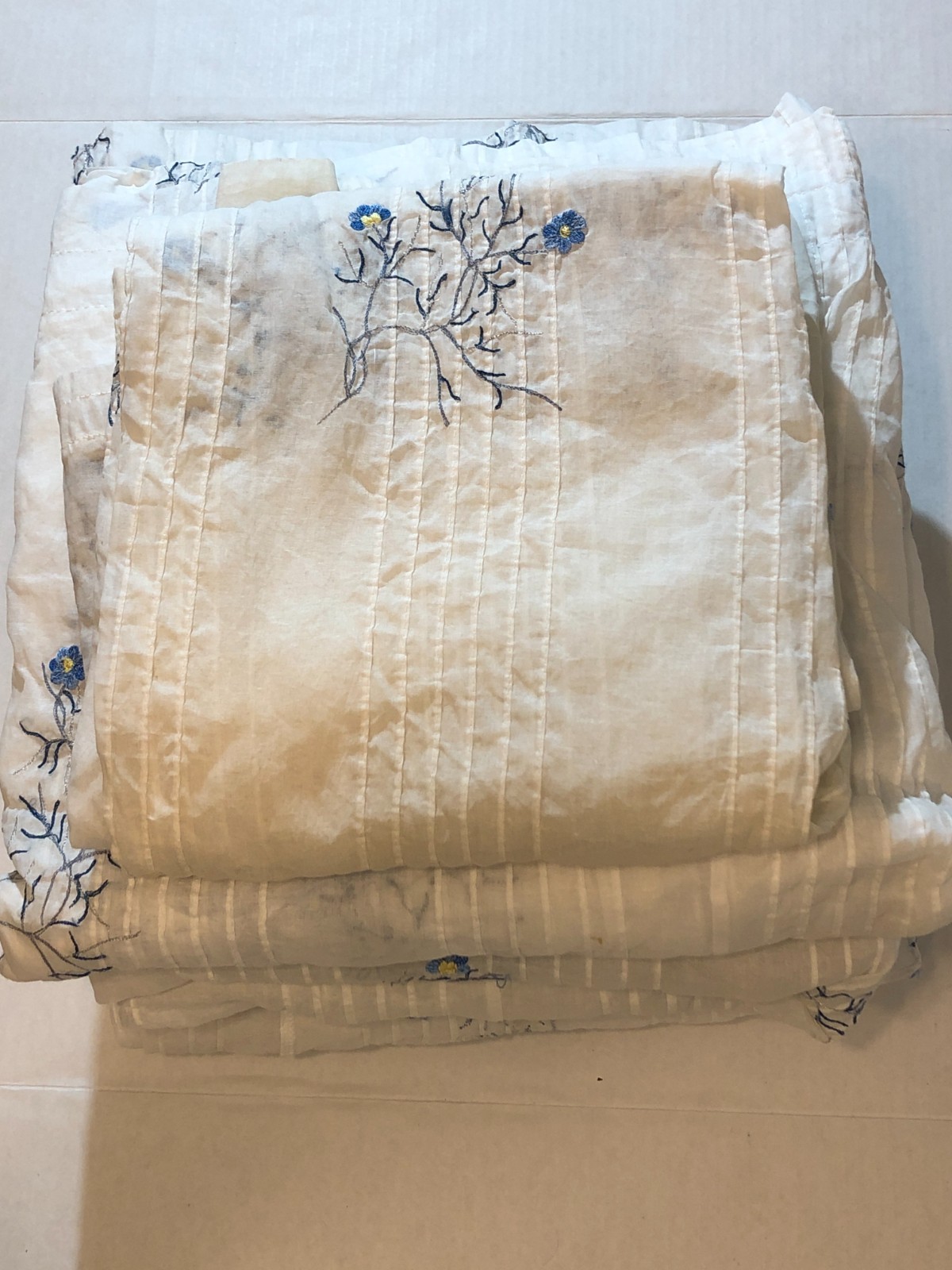 White Blue Floral Embroidered Sheer Curtains for Bedroom & Living Room Lot of 4
