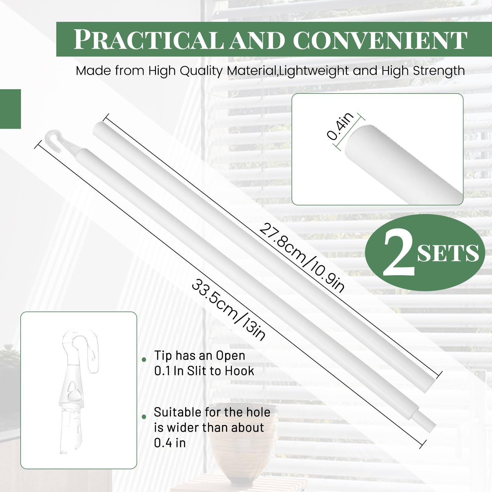 2 Sets 24Inch Blind Wand Replacement with Hook, Opener One Size, White