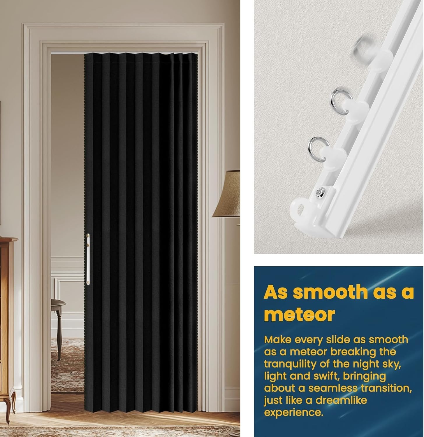 Versatile Black 100% Blackout Door Curtain, 43”W x 79”L – DIY Installation Kit