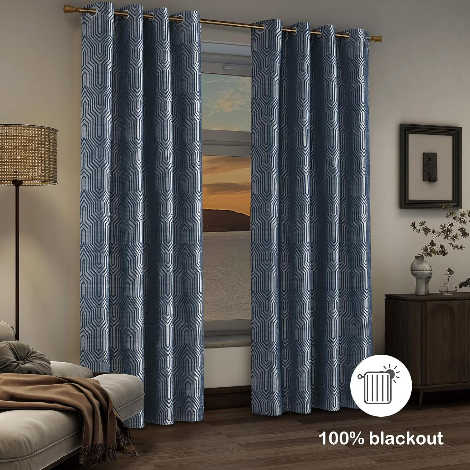 Indigo Blue Geometric Blackout Curtains, 52×96, Thermal Insulated Drapes