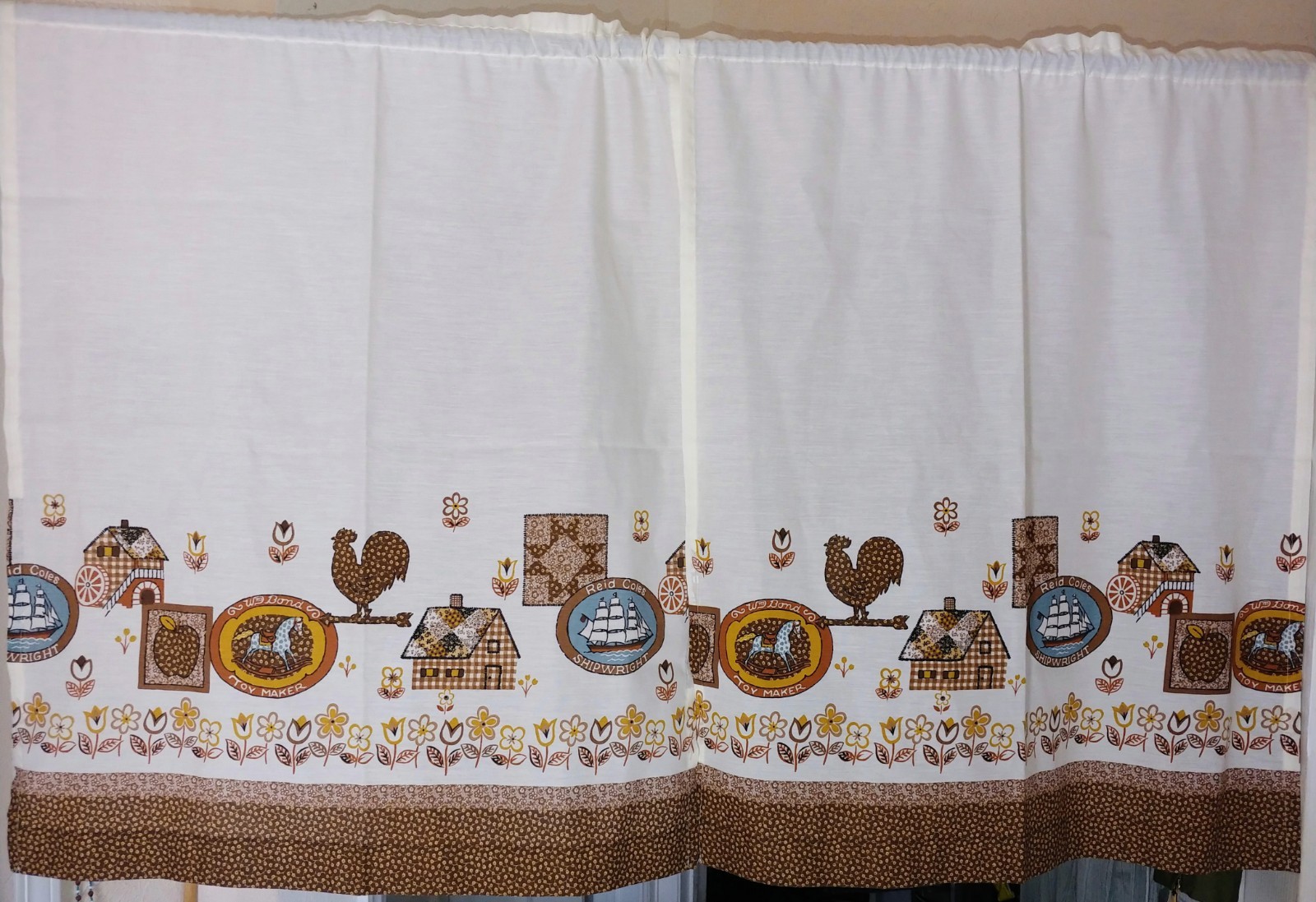 (2) Vintage Country Farmhouse Brown Beige Floral Curtain Panels 36in x 29in