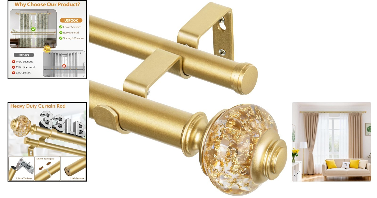 Luxury Gold Double Curtain Rods 36-72” with Crystal Finials, Eco-Friendly Design