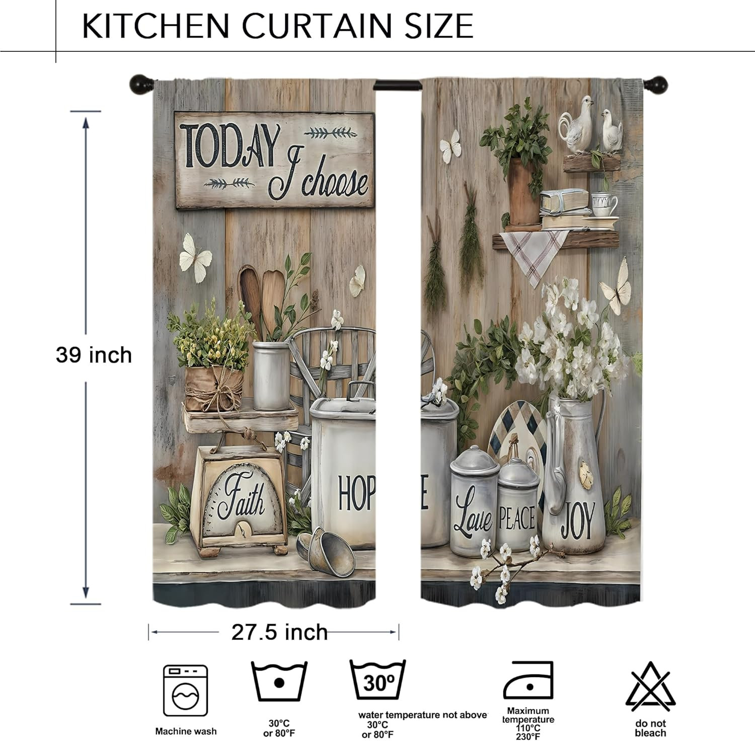 Rustic Farmhouse Kitchen Curtains 27.5W X 39L Inch 2 Panel Rod Pocket Vintage Ta