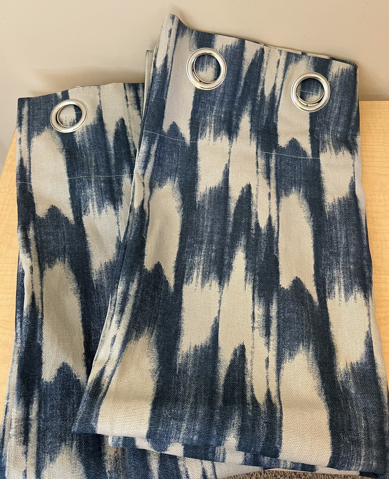 Set Of 2 Ikat Blue WEST ELM Cotton/Linen Window Panels 48×84″ Grommets