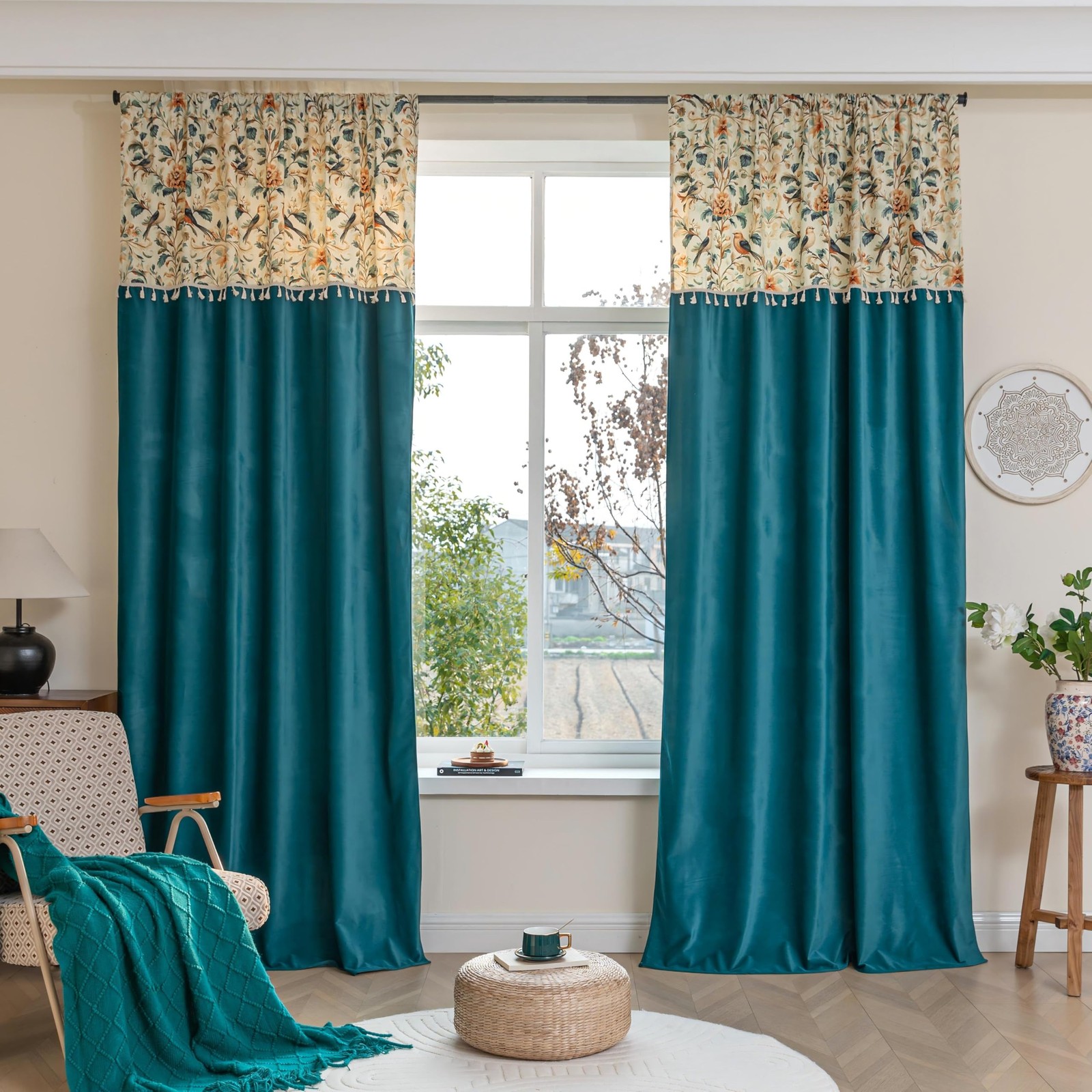 Velvet Curtains Dark Teal Floral & Bird Elegant Rod Pocket Curtains Thermal I…