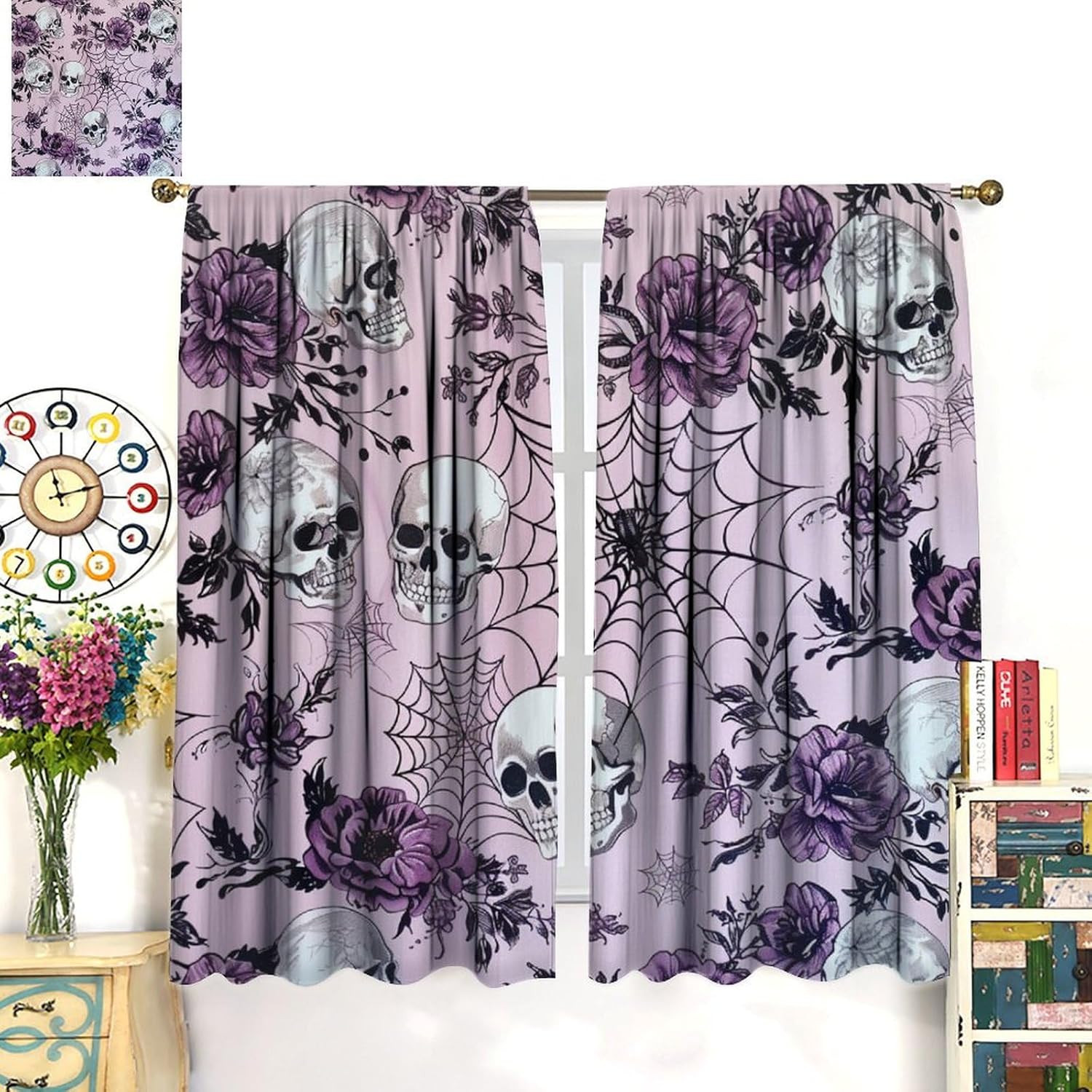 Fantasy Gothic Skull Blackout Curtains for Bedroom/Living Room, Horror Spider We