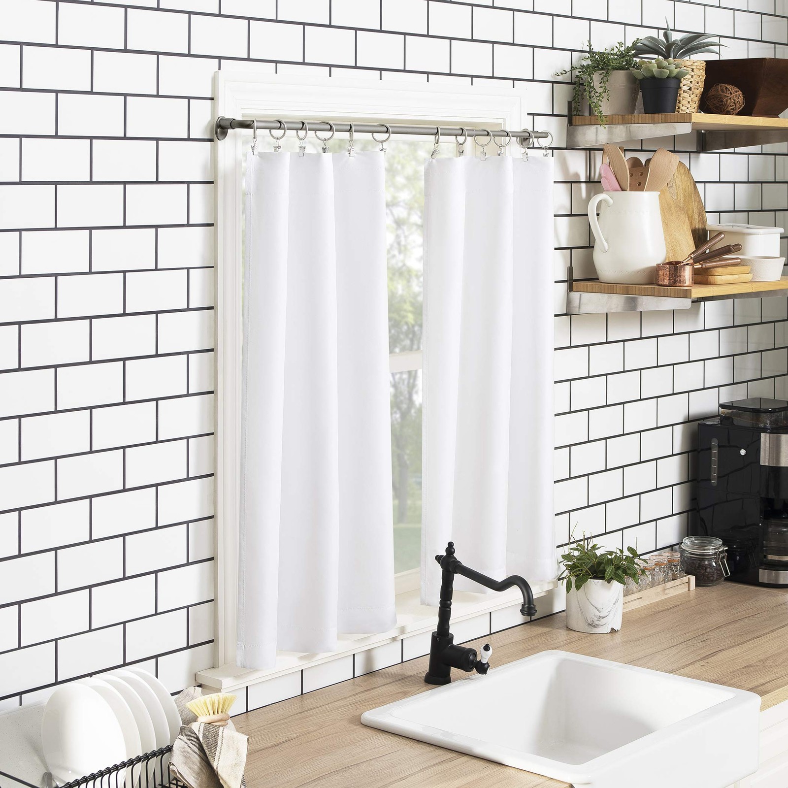 No 918 Martine White Microfiber Semi Sheer Kitchen Curtain Set 24×54 Inches