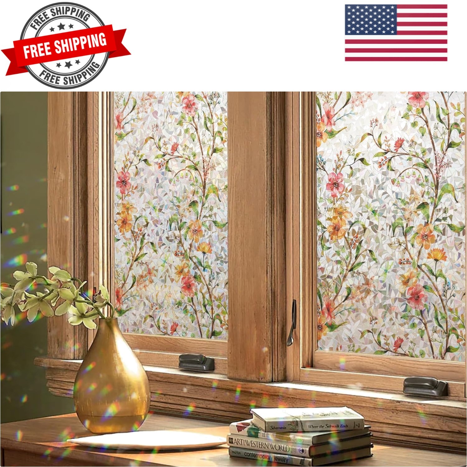 Window Privacy Film Floral Rainbow Decorative Stickers, 3D Static Stained Gla…