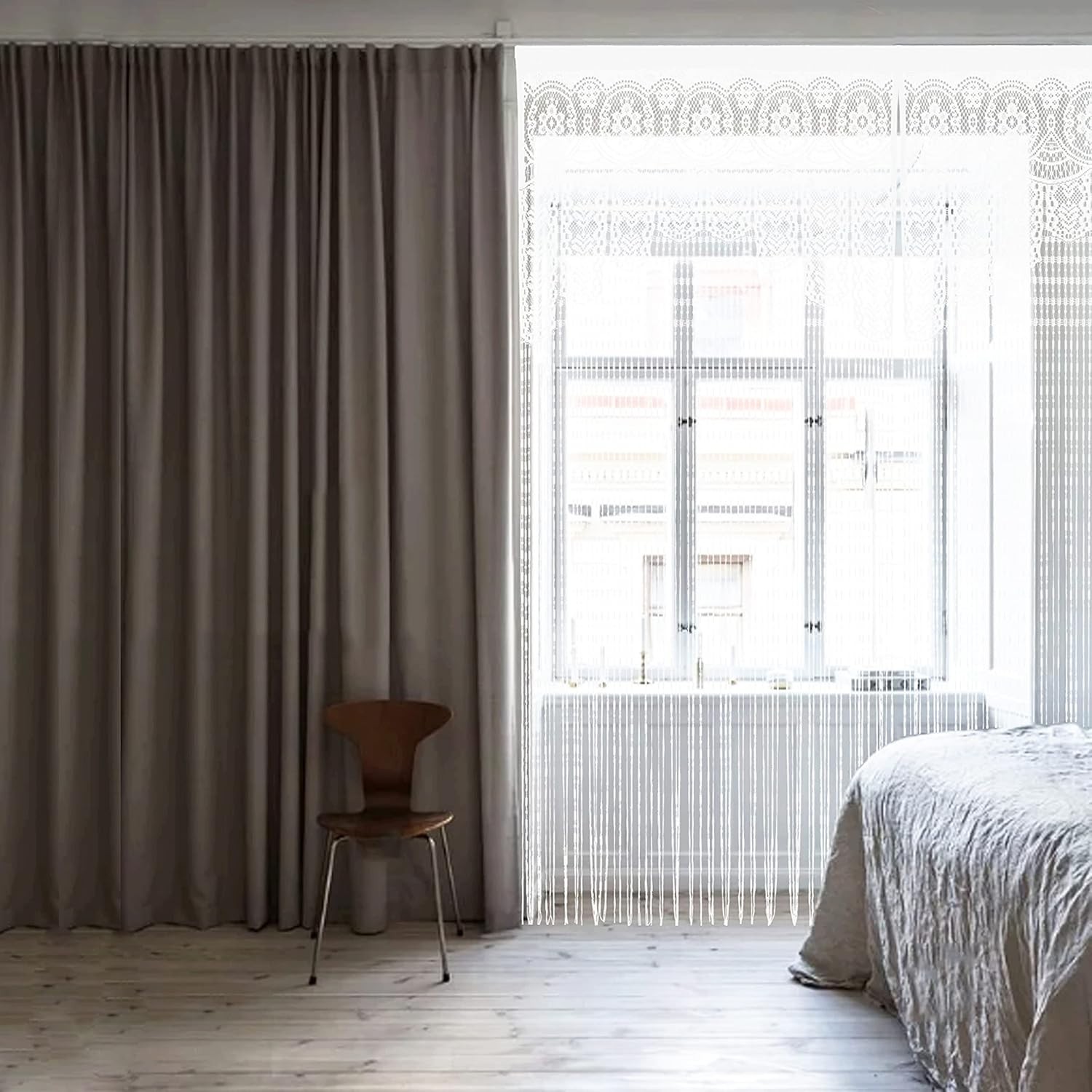 Customizable Boho String Curtain 35x79in – Semi-Sheer Room Divider in White