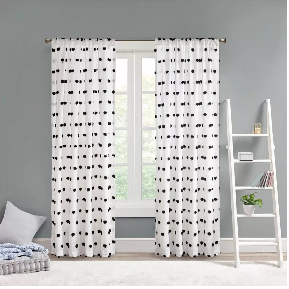 WHITE AND BLACK Pom Pom Embellished Window Panel 50″X84″