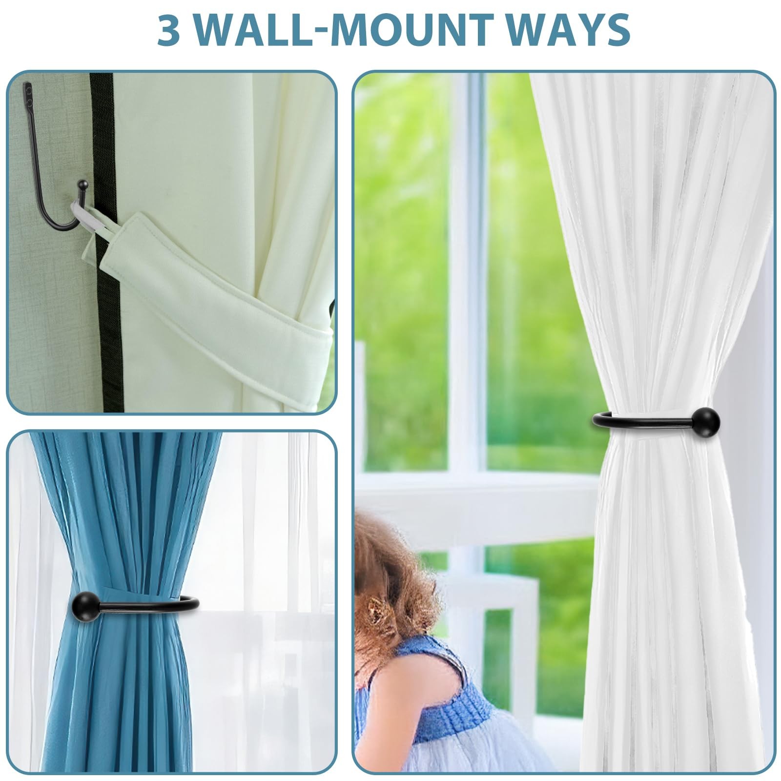 8 Pcs Black Metal U Shaped Curtain Pull Backs – Wall Mounted Curtain Hooks with