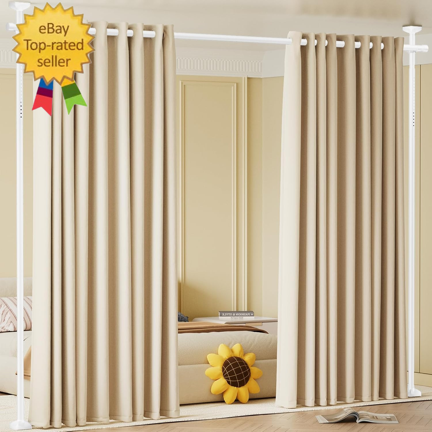 Room Divider Curtain Rod, No Drilling Room Separator for Space Partition, 4-10Ft