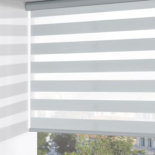 Cordless Zebra Blinds for Windows, Dual Layer Free-Stop 32″W x 72″H Light Grey