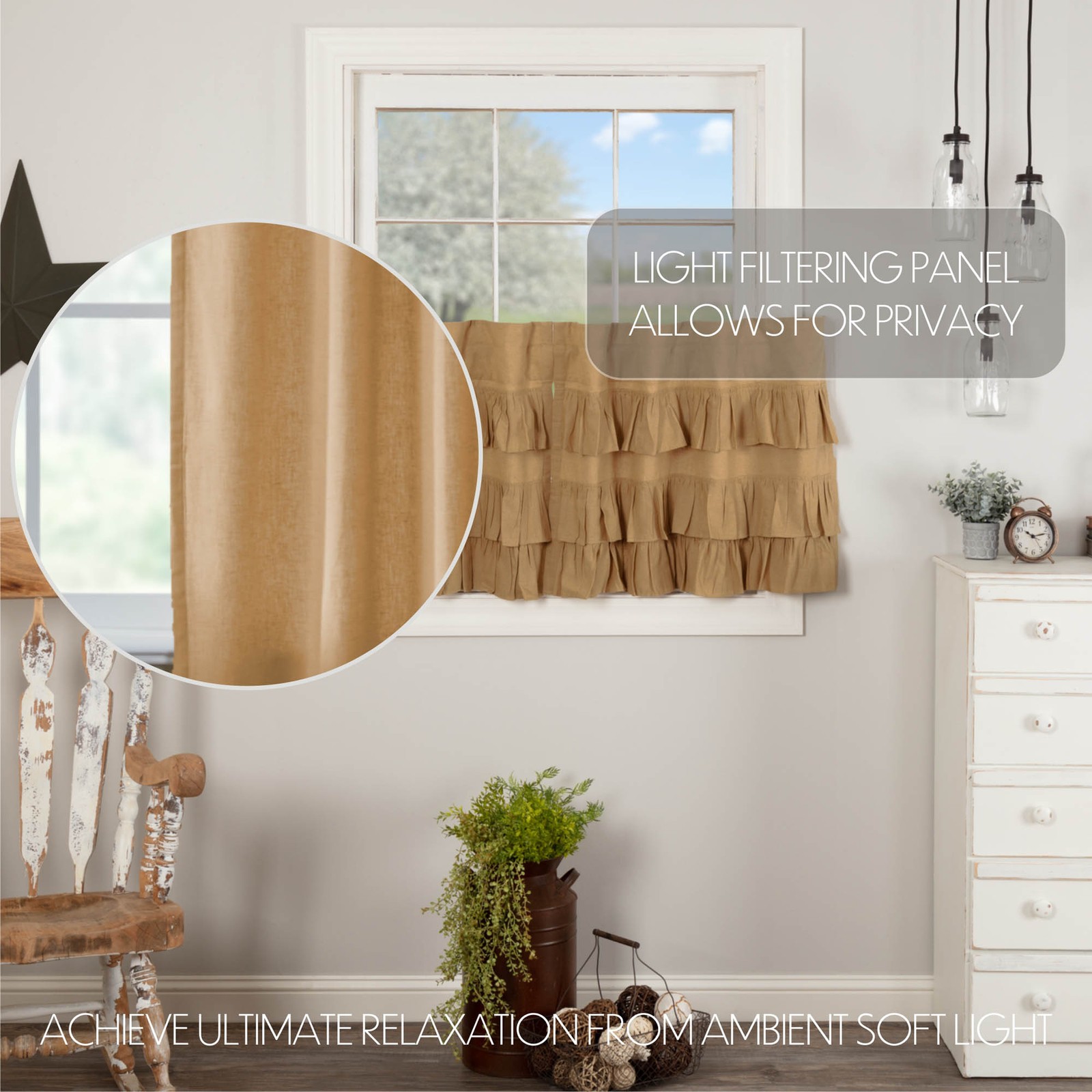 Simple Life Flax Khaki Ruffled Set (1 Valance 16×72 ; 2 Tier 24×36) VHC Brands