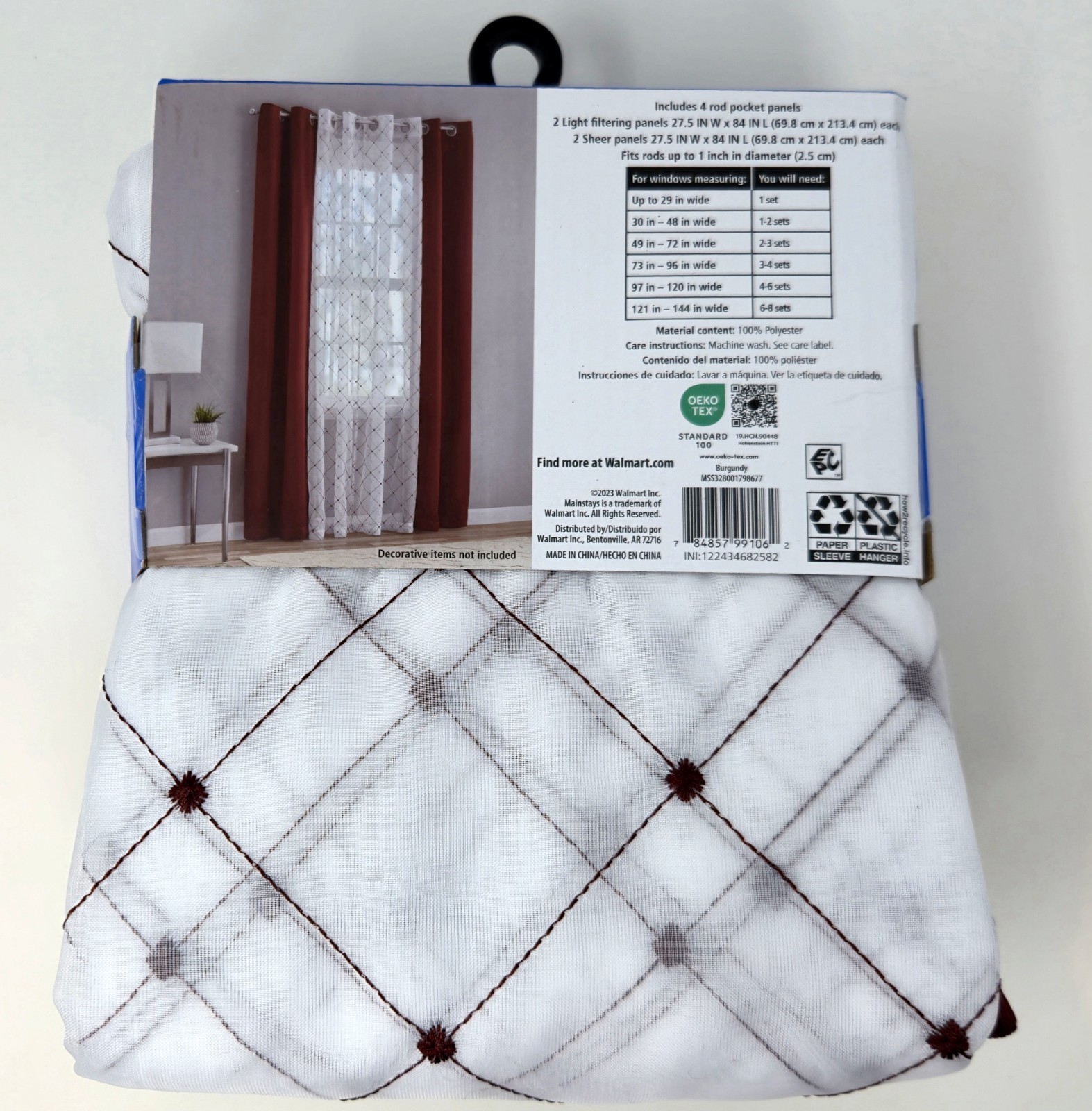 84-INCH Window Set Mainstays 4 Pieces Deep Burgandy 2 Sheer 2 Light Filtering
