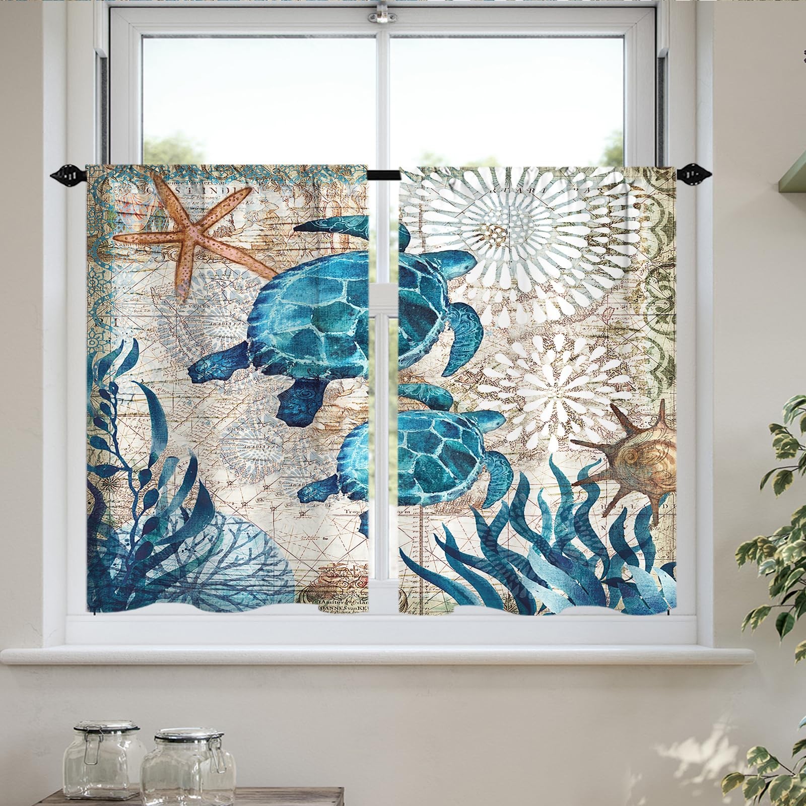 Nautical Blue Sea Turtles Beach Short Kitchen Window Curtains Ocean Starfish …