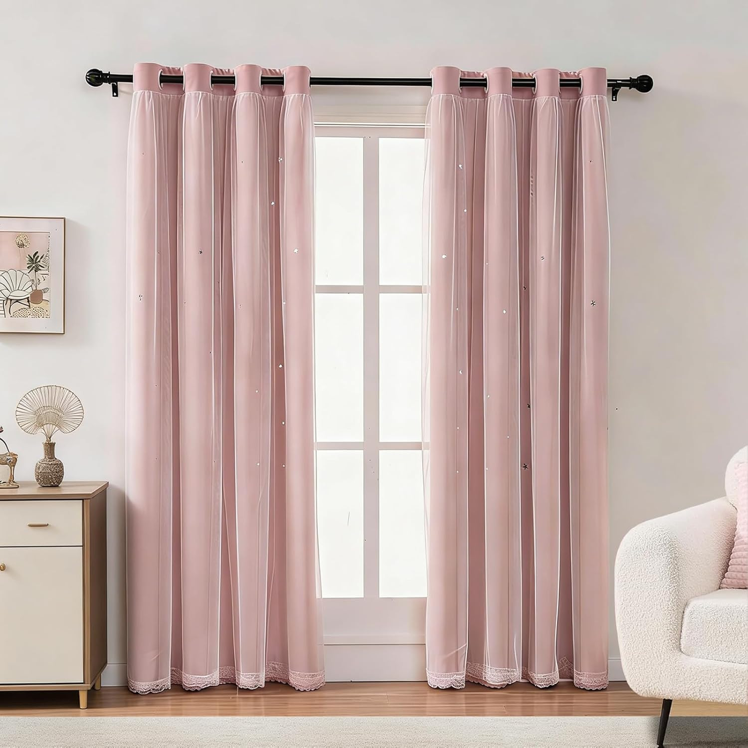 Blush Pink Star Blackout Curtains 84 Inches Long, Privacy Light Filtering Cute D